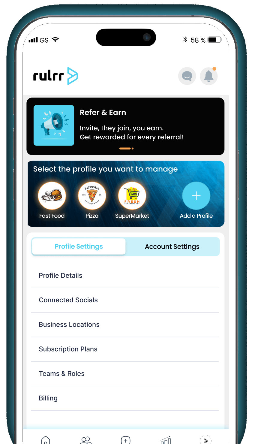 Rulrr agency app - manage profiles, refer and earn