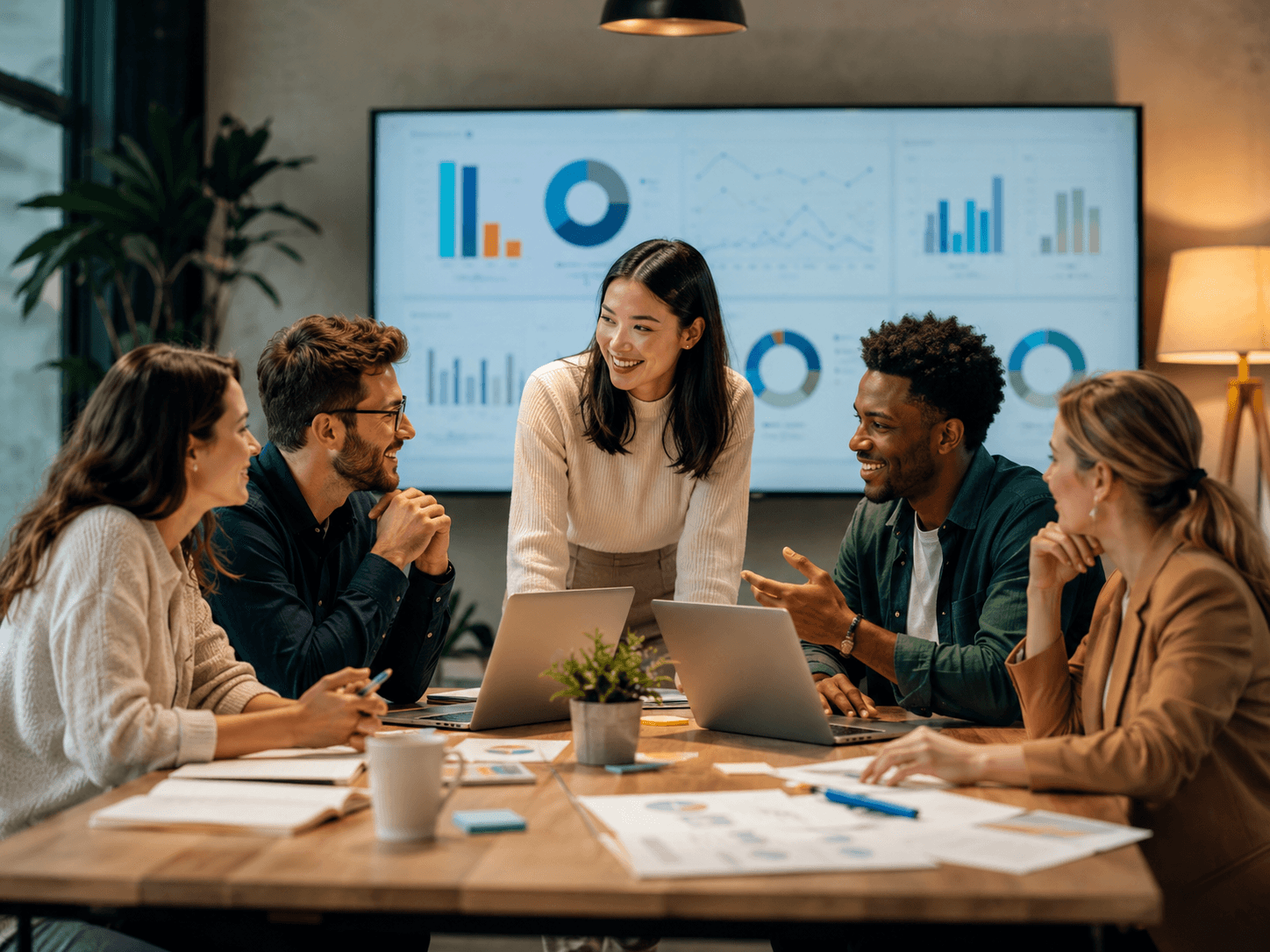 An agency team collaborating around campaign dashboards