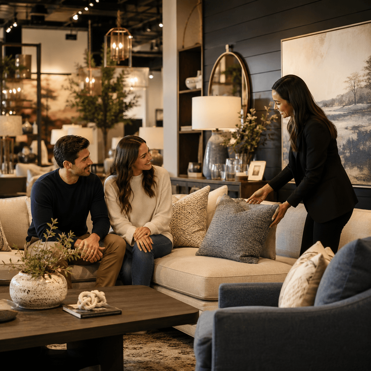 Sales associate helping customers in a furniture showroom